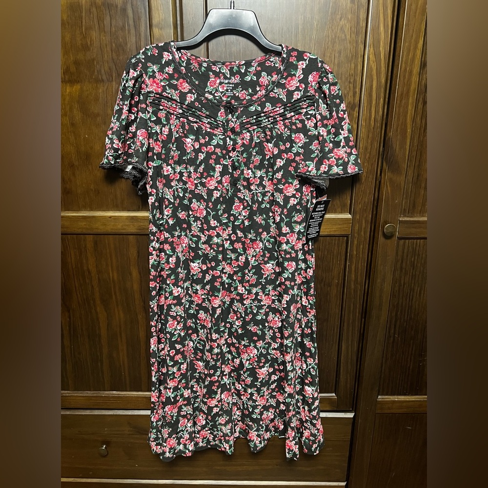 NWT Dreams Co 100% Cotton Nightgown Black Floral Short Sleeve M 14/16